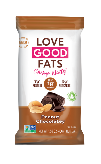 Love Good Fats chewy nutty peanut chocolatey keto bar