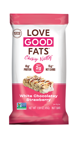 Love Good Fats chewy nutty white chocolatey strawberry keto bar