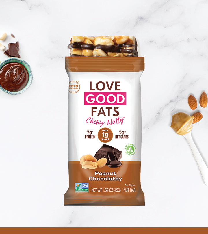 Love Good Fats chewy nutty peanut chocolatey keto bar